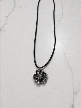 Lucky Brand Black Floral Pendant Necklace with Clear Crystal Accents